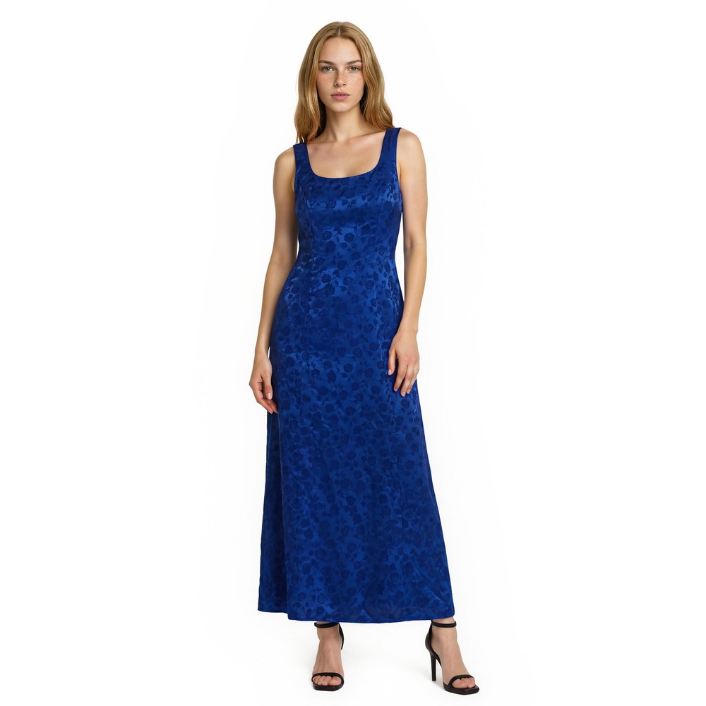 Niki by Niki Livas Maxi Dress Womens Size 8 Blue Floral Jacquard Evening Gown